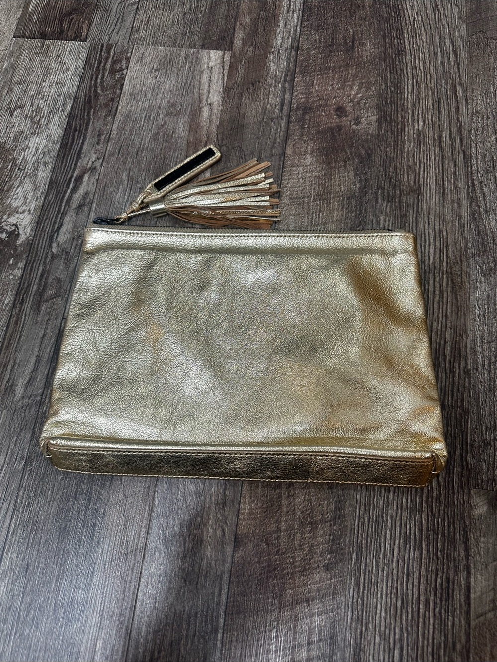 Loeffler Randall Gold Metallic Tassel Zip Wristlet Clutch
